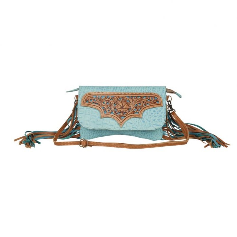 Myra Cross-Body leather bag in Turquoise with hand-tooled Leather
